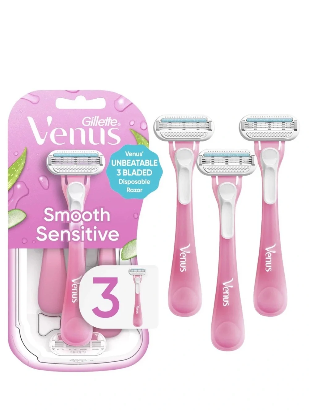 Gillette Venus Smooth Sensitive Disposable Razors - Pink, 3 Pack